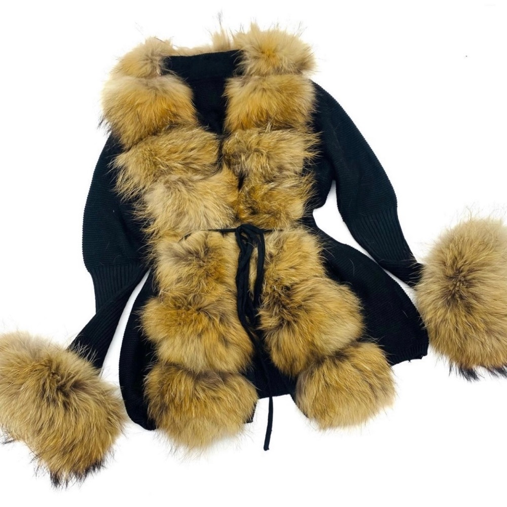 Real raccoon fur cardigan genuine fur collar trench coat parka jacket wool blaze - Picture 13 of 16